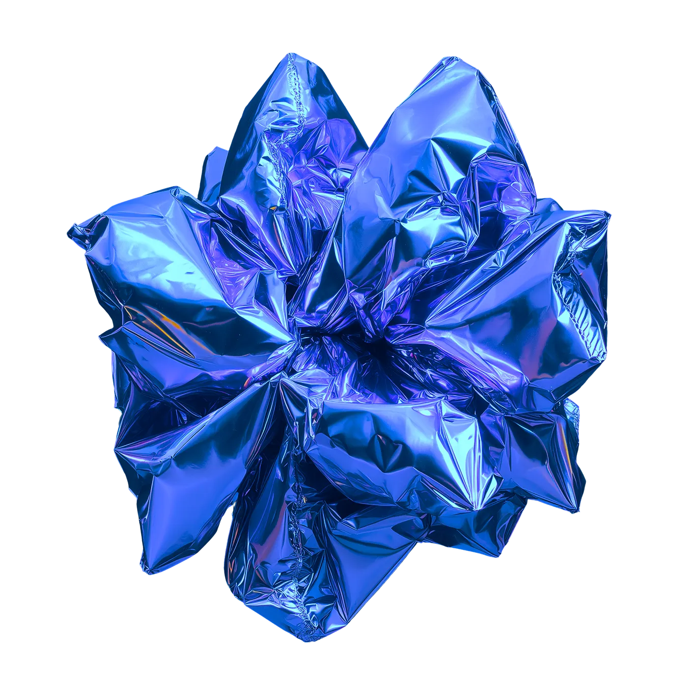 Crinkled, shiny metallic blue foil forming a star-like abstract shape.