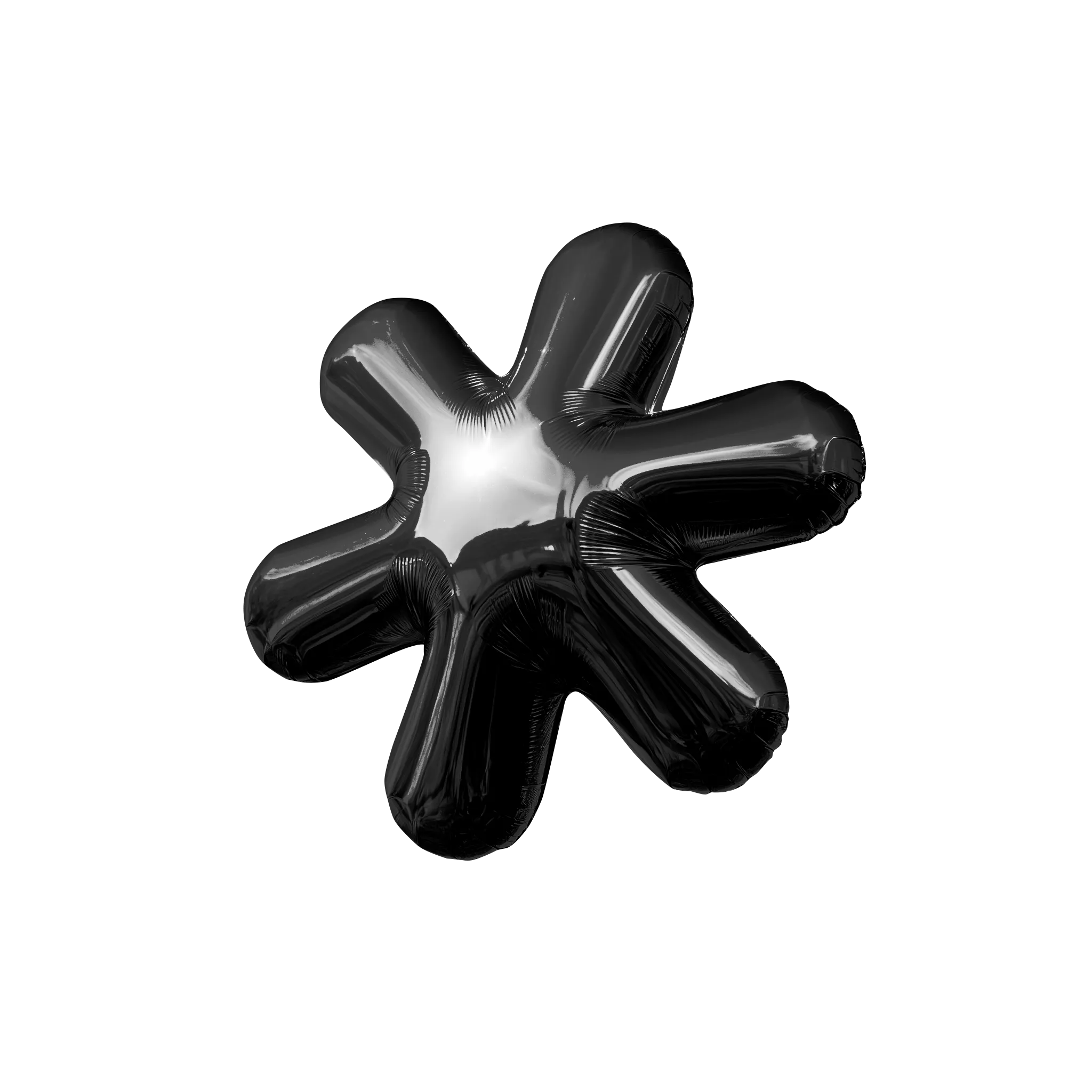 Black shiny balloon shaped like an asterisk symbol with six rounded arms.