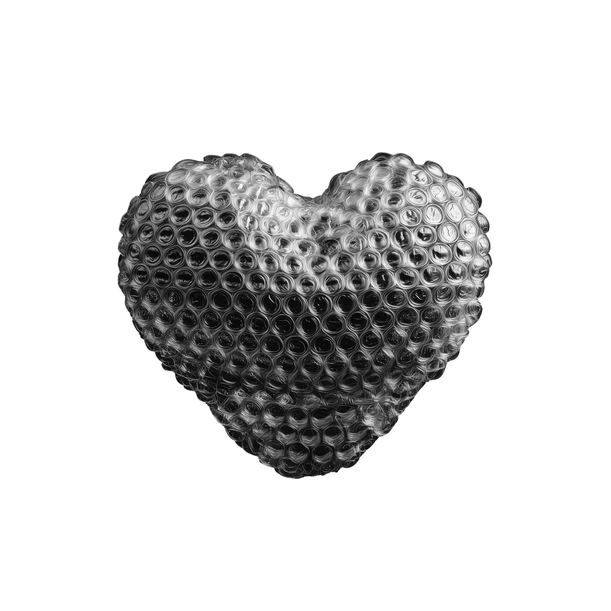 Black and white heart shape wrapped in bubble wrap on a transparent background.