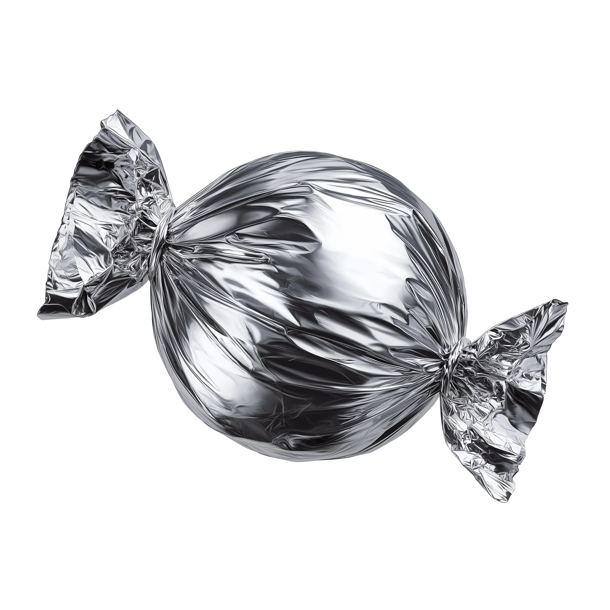 A candy wrapped in shiny, crinkled silver foil with twisted ends on both sides.