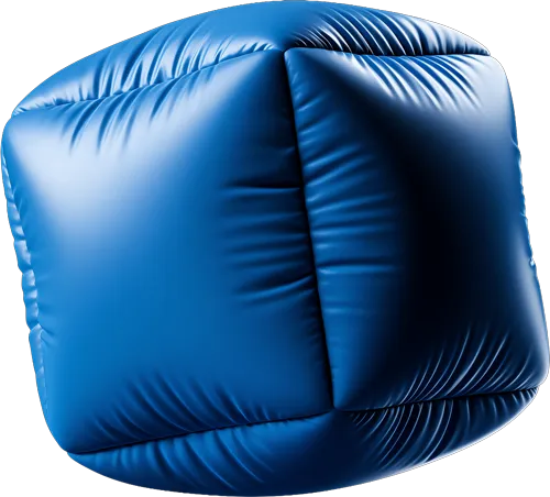 A shiny blue inflated cube-shaped object with visible creases and folds.