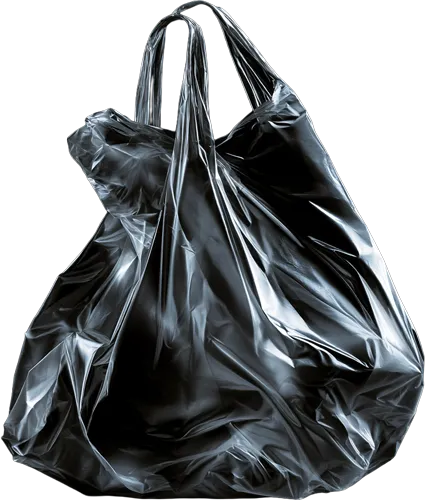 Shiny black plastic shopping bag with handles on a transparent background.