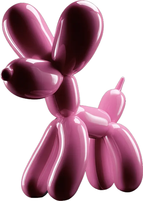 Shiny pink balloon sculpture shaped like a dog on a dark gradient background.