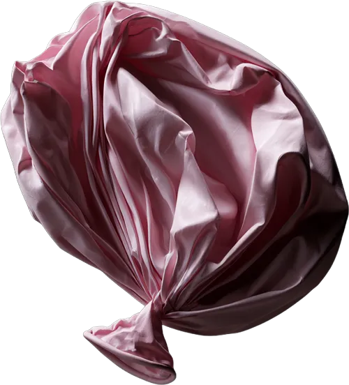 Deflated pink balloon with visible wrinkles and folds on a transparent background.