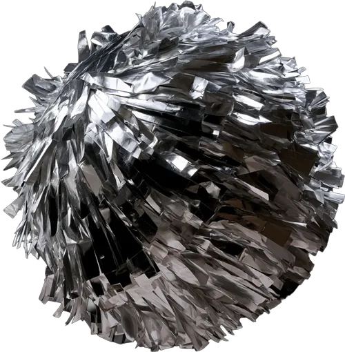 Shiny silver pom-pom with metallic fringes used for cheerleading or decoration.
